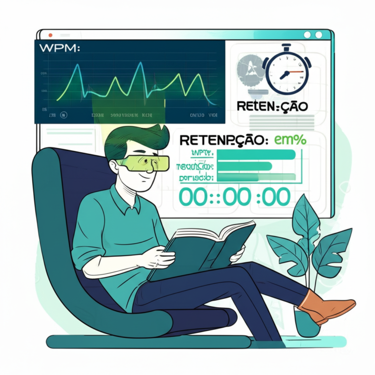 Pessoa lendo com óculos de realidade aumentada que mostram gráficos de velocidade, compreensão e tempo, representando métricas confiáveis para medir evolução na leitura rápida.