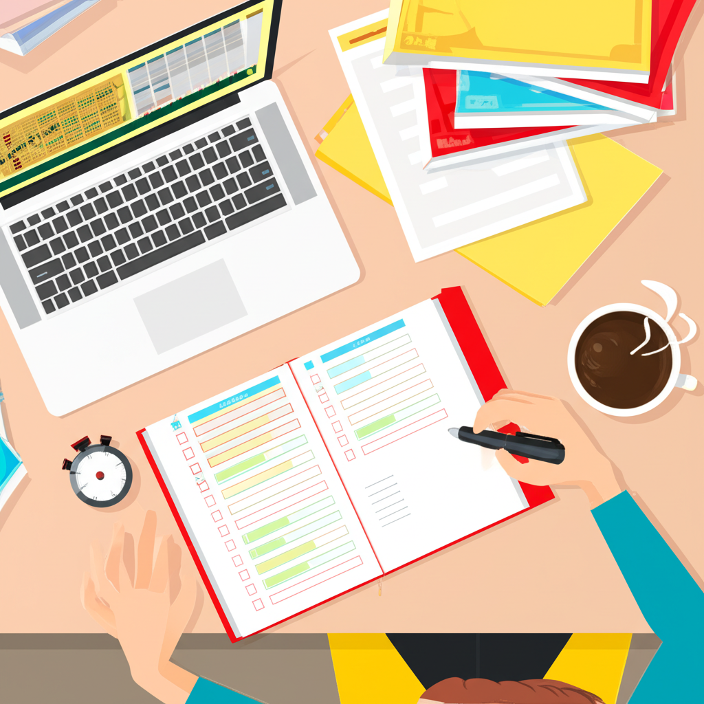 Ilustração de pessoa planejando cronograma de prática para leitura rápida com agenda, timer e livros.