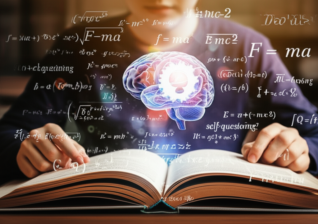 Estudante lendo livro de física com fórmulas flutuando ao redor, simbolizando a metaleitura que reforça a memória das equações.