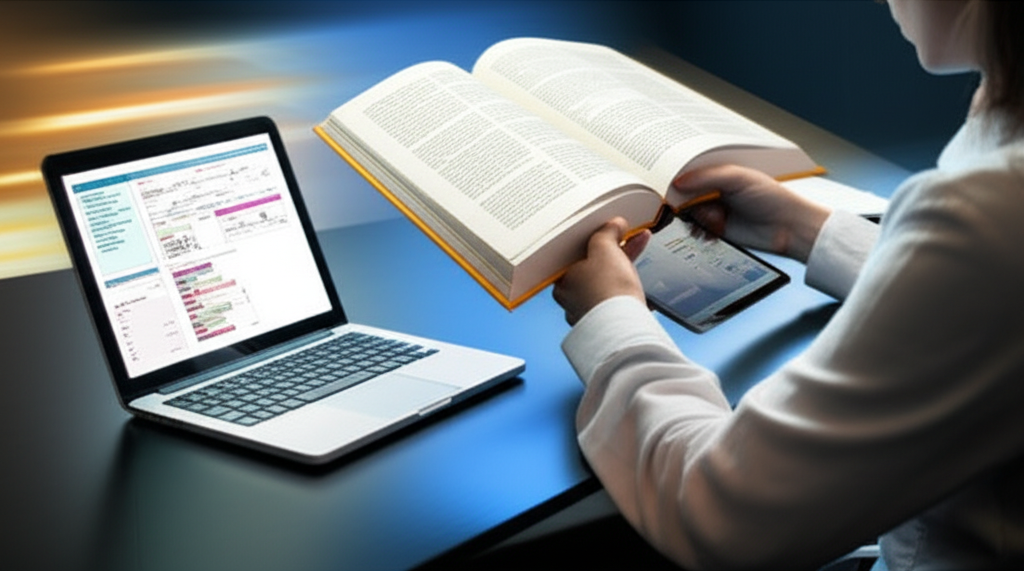 Estudante de MBA lendo rapidamente vários livros, anotações e dispositivos digitais.