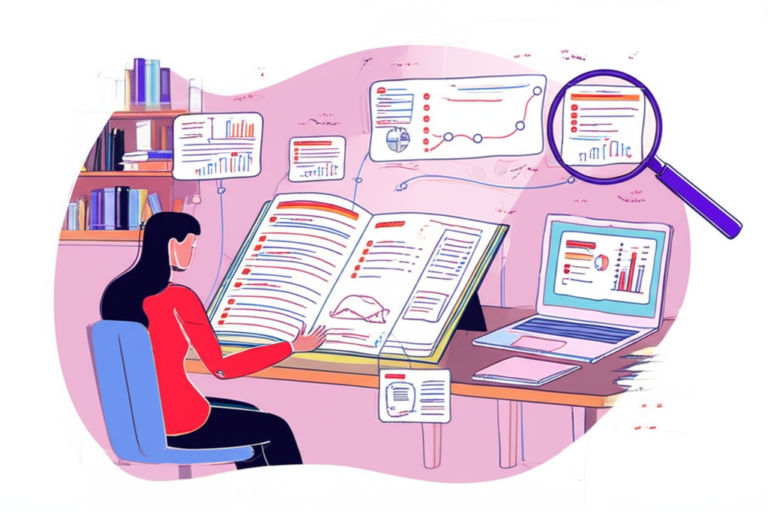 Pessoa lendo rapidamente um artigo científico com marcadores, anotações e lupa destacando detalhes.