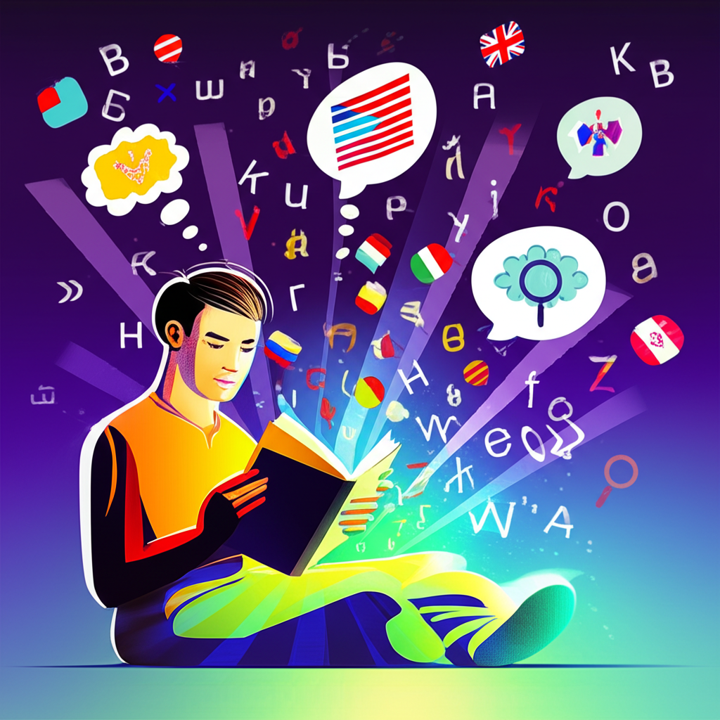 Pessoa usando metaleitura para aprender idiomas rapidamente, com livros, letras flutuantes e símbolos de diferentes línguas ao redor, transmitindo sensação de velocidade e compreensão profunda.