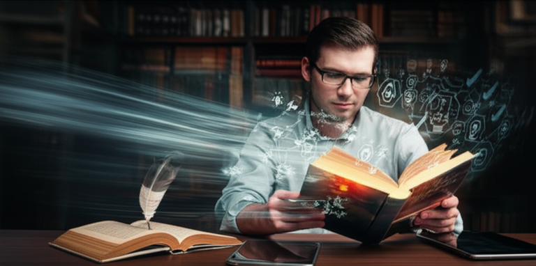 Leitor lendo rapidamente obras literárias clássicas em uma biblioteca, com linhas de velocidade e indicadores digitais de compreensão.