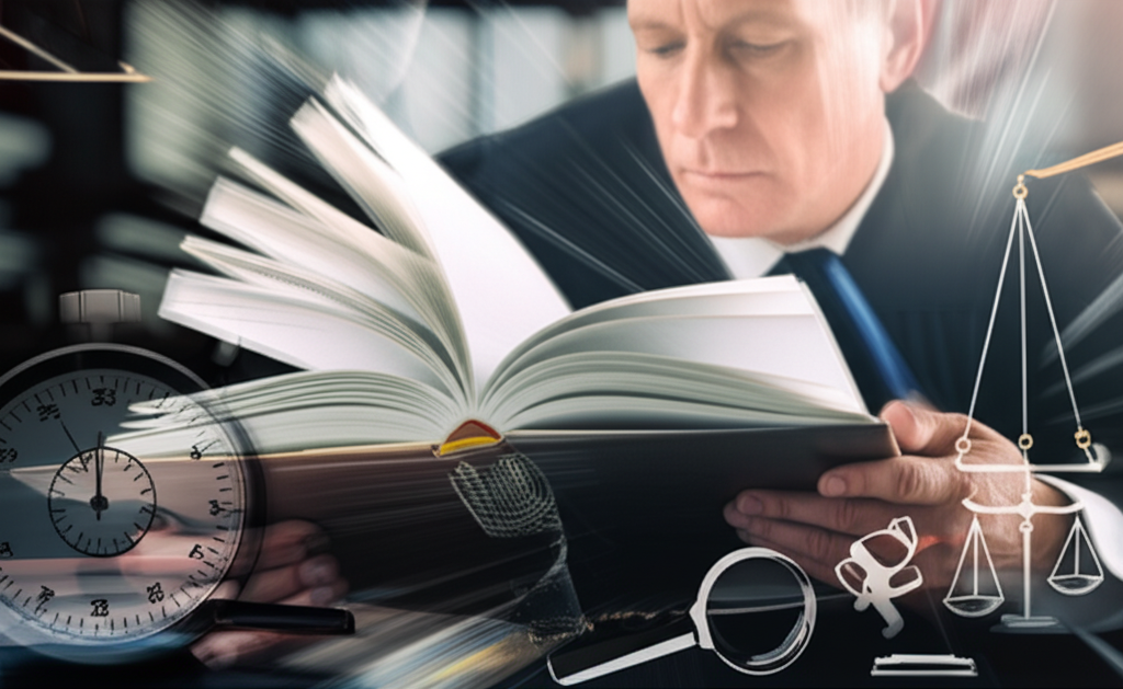 Advogado concentrado lendo rapidamente um livro jurídico complexo, com símbolos de justiça e cronômetro ao fundo