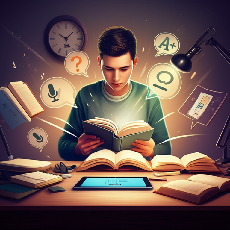 Estudante lendo rapidamente vários livros e anotações, com linhas de movimento que sugerem velocidade e ícones de prova oral.