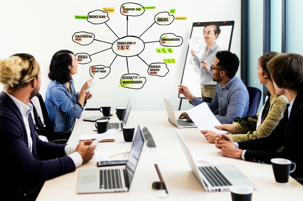 Corporate training session using metaleitura techniques with participants analyzing a text together.