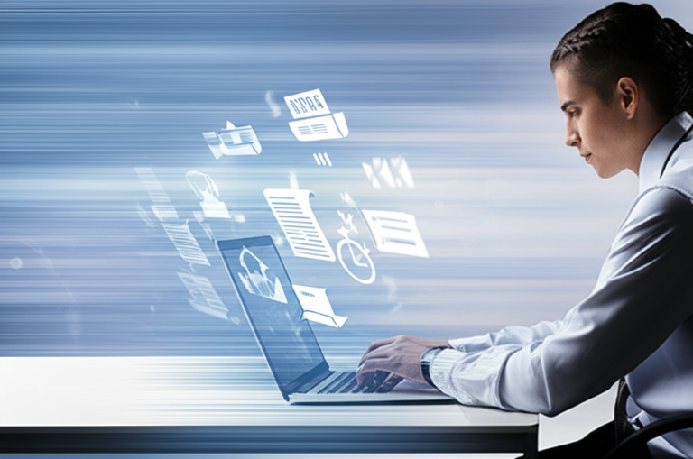 Pessoa lendo rapidamente notícias e artigos em um laptop, cercada por ícones de velocidade e informação.