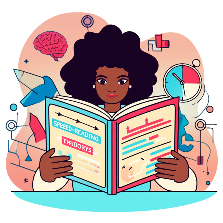 Ilustração de pessoa com dislexia usando técnicas de leitura acelerada, com setas de movimento ocular e símbolos de atividade cerebral.