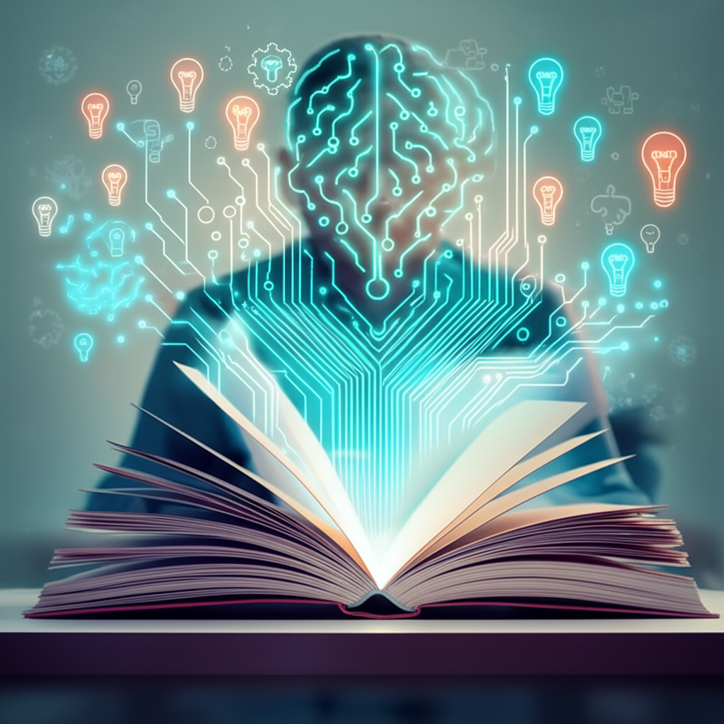 Ilustração de metaleitura: leitor rodeado por livros transparentes cujas páginas enviam linhas luminosas que se conectam ao cérebro, simbolizando a melhoria da capacidade de síntese.