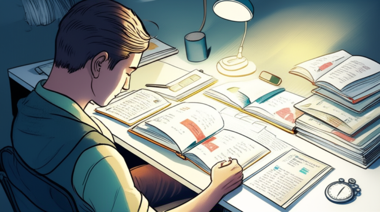 Estudante aplicando técnicas de leitura rápida para revisar conteúdo antes de prova.