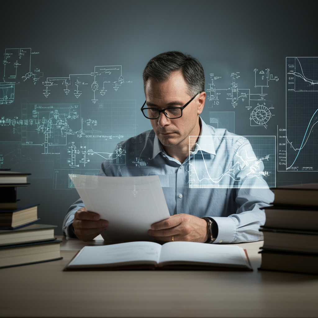 Engenheiro lendo rapidamente textos técnicos de engenharia com gráficos e diagramas ao fundo