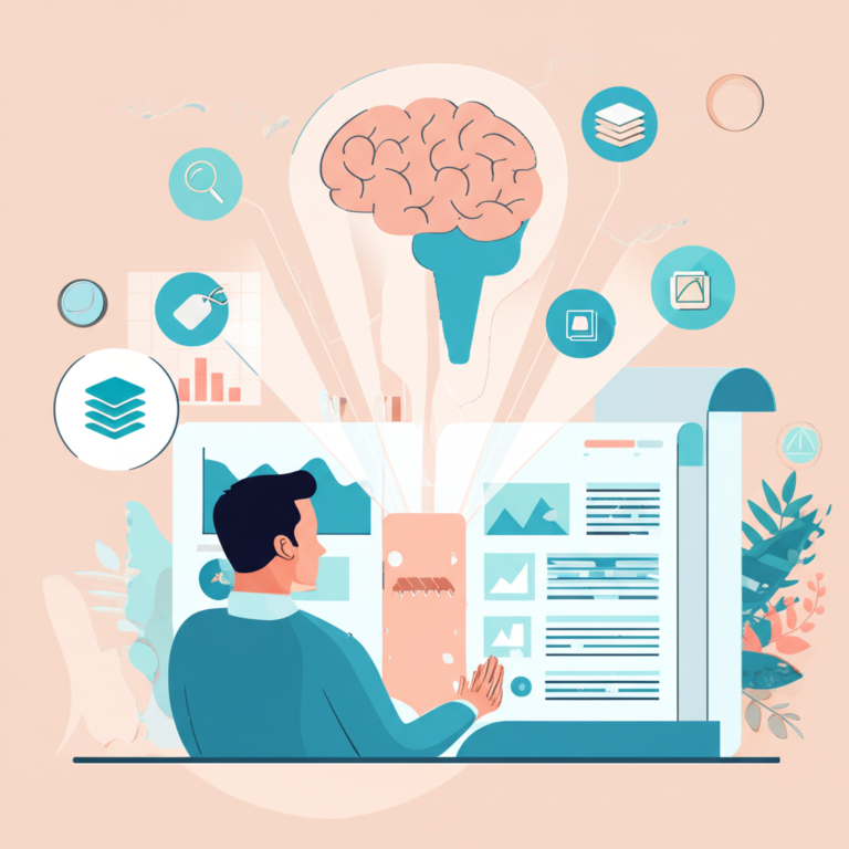 Ilustração que mostra uma pessoa lendo relatórios estatísticos enquanto ícones de metadados flutuam ao redor, conectando‑se a um cérebro que simboliza a retenção aprimorada de dados.