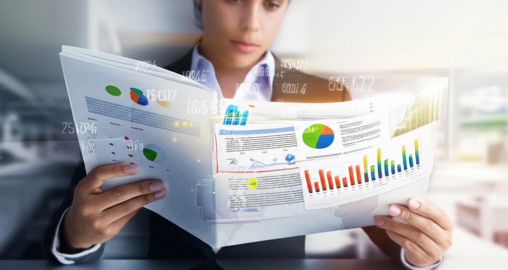 Profissional de negócios lendo rapidamente um relatório empresarial com gráficos e destaques.