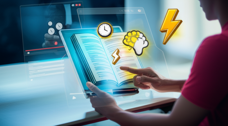 Estudante lendo rapidamente em um tablet durante um curso online, com texto destacado e ícones que simbolizam velocidade e aprendizagem digital.