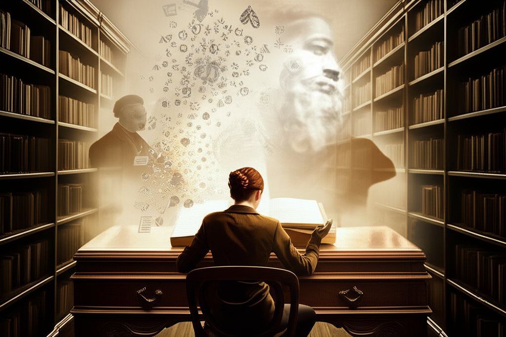 Pessoa lendo um livro que se transforma em símbolos abstratos e silhuetas de filósofos, representando a metaleitura em textos filosóficos.