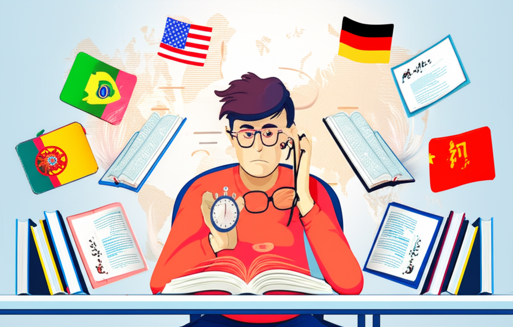 Pessoa lendo rapidamente livros e telas com textos em vários idiomas, segurando cronômetro, simbolizando treinamento de leitura rápida multilingue.