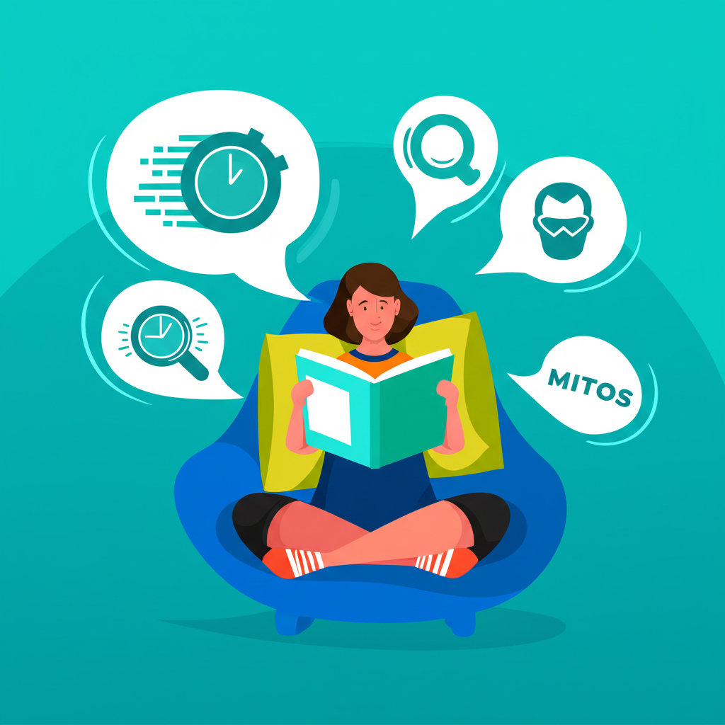 Pessoa lendo um livro com linhas de velocidade e balões que representam mitos sobre leitura dinâmica