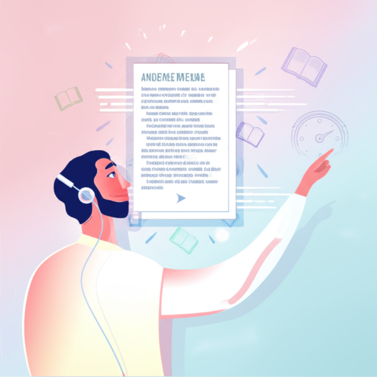 Ilustração de pessoa com fones de ouvido lendo texto digital que rola rapidamente, combinando ondas sonoras e linhas de velocidade para representar leitura dinâmica em audiobooks transcritos.