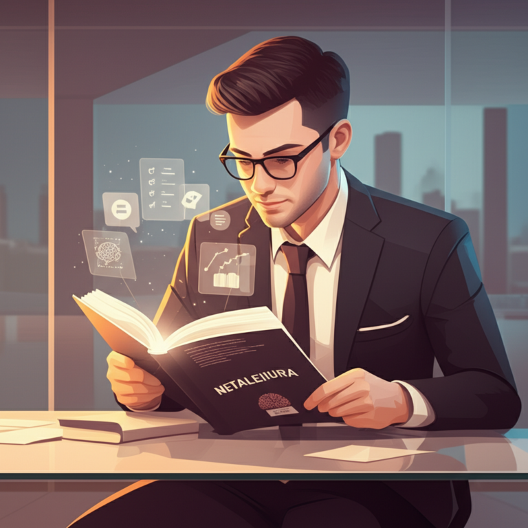 Pessoa lendo um livro de Metaleitura enquanto se prepara para entrevista de emprego, rodeada de ícones de perguntas, confiança e crescimento profissional.