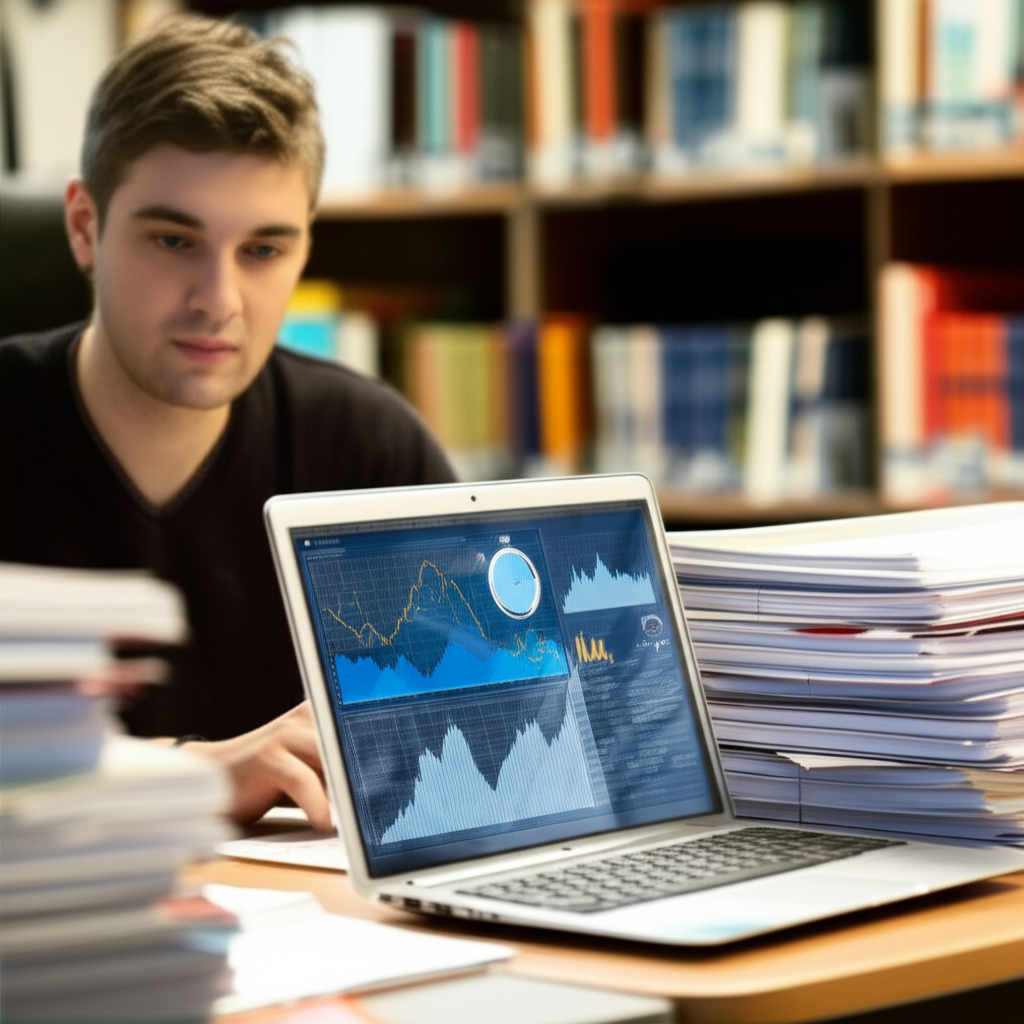 Estudante aplicando técnicas de leitura rápida em pesquisas acadêmicas em uma biblioteca moderna