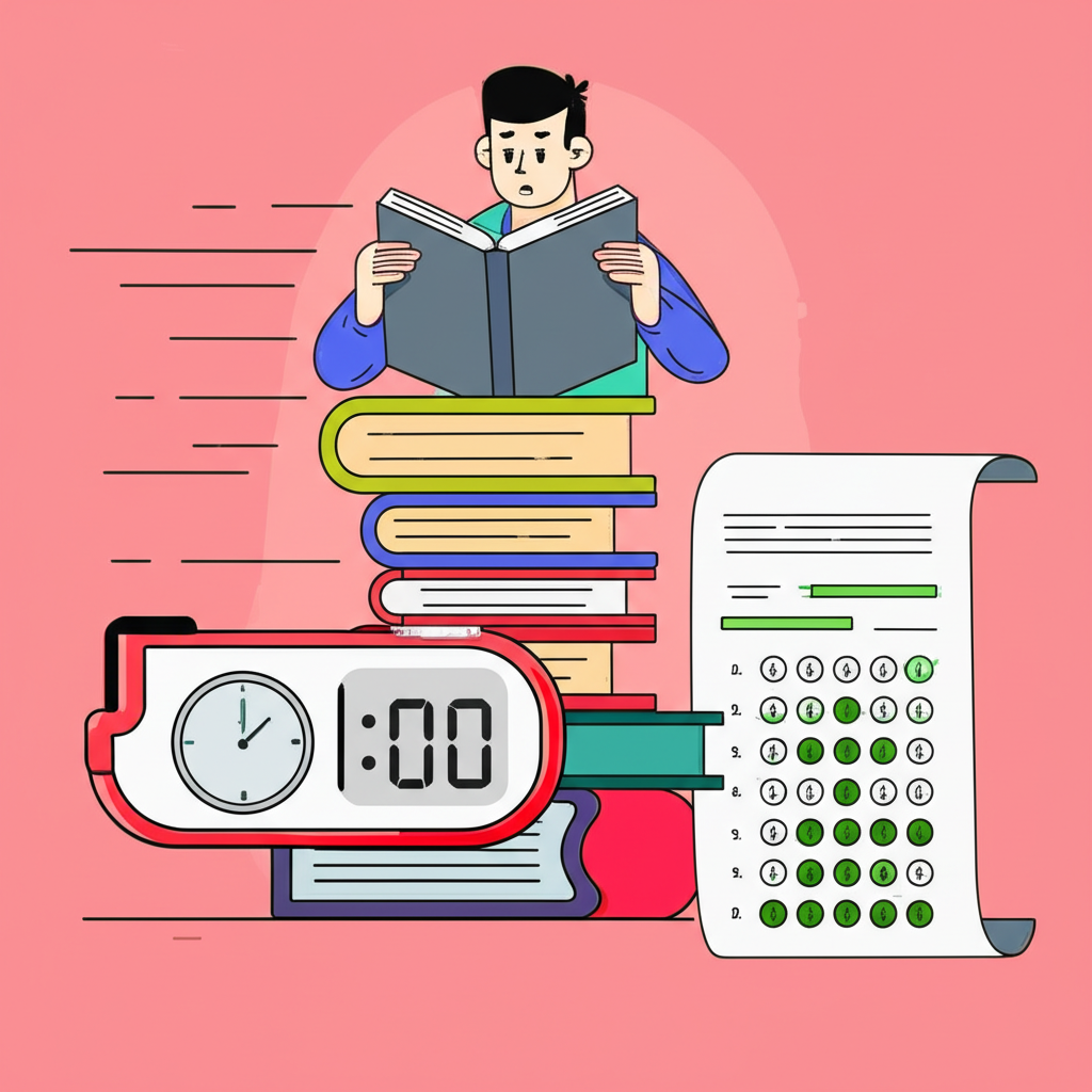 Estudante lendo rapidamente livros com cronômetro e prova de múltipla escolha ao fundo.