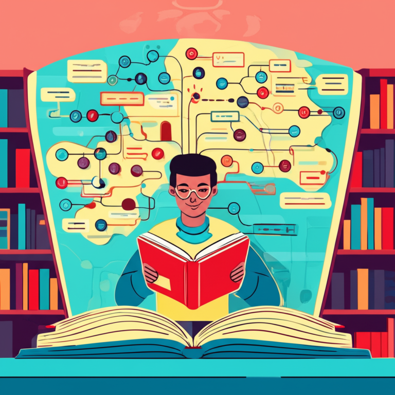 Pessoa lendo um livro que se transforma em um mapa mental com conexões coloridas.