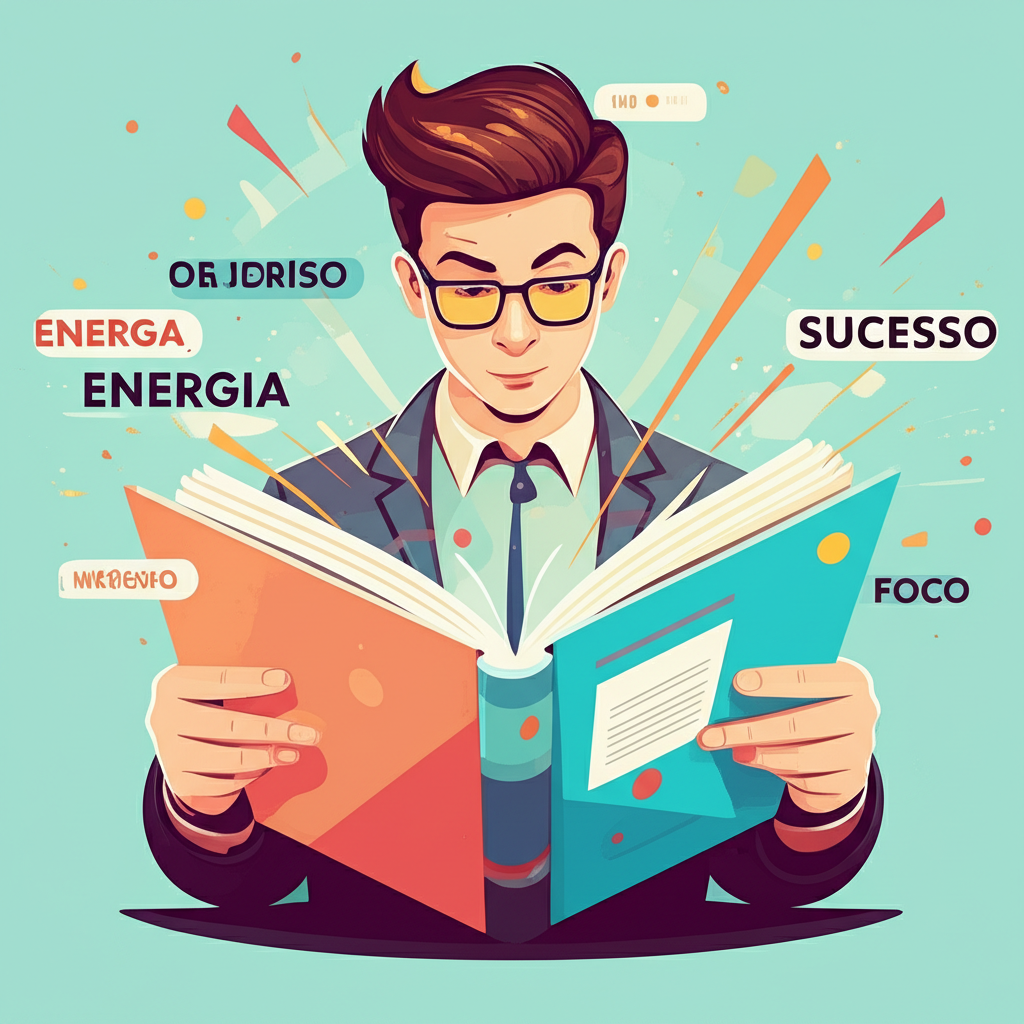 Pessoa lendo rapidamente um livro motivacional com linhas de velocidade e palavras inspiradoras ao redor.