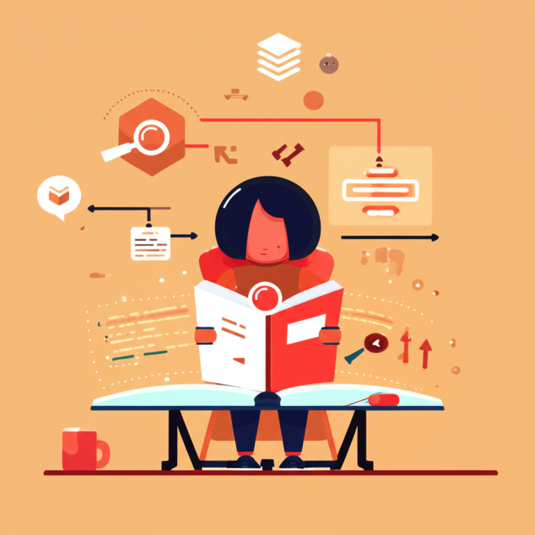 Ilustração de um leitor rodeado por trechos de código e símbolos de metaleitura, representando o uso da metaleitura para aprender programação.