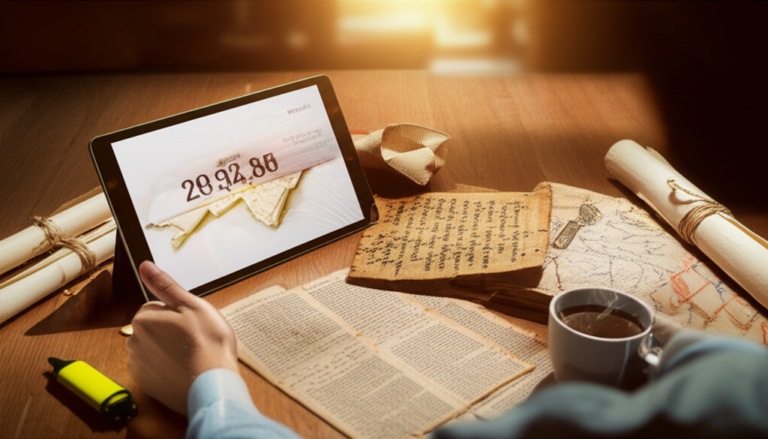 Pessoa lendo rapidamente documentos históricos em uma mesa com pergaminhos, manuscritos e tablet digital.