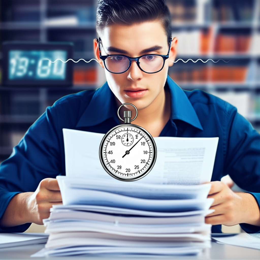 Estudante lendo rapidamente provas de múltipla escolha com elementos que sugerem velocidade e concentração.