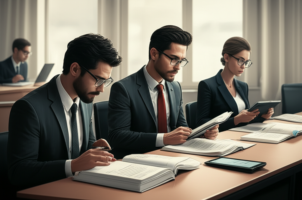Profissionais em um escritório corporativo praticando leitura rápida com documentos e tablets.