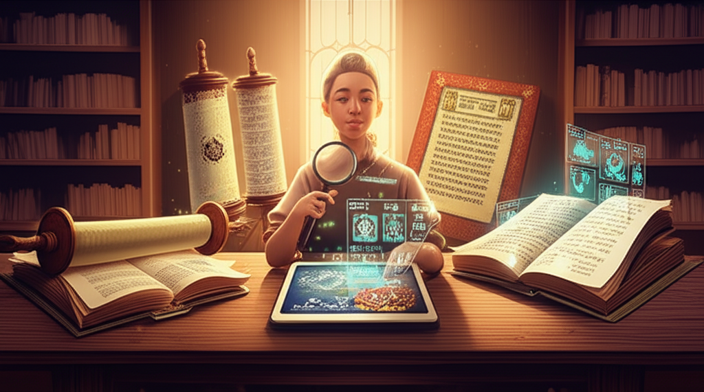 Leitor praticando metaleitura em manuscritos sagrados, com luz suave e símbolos etéreos ao redor.