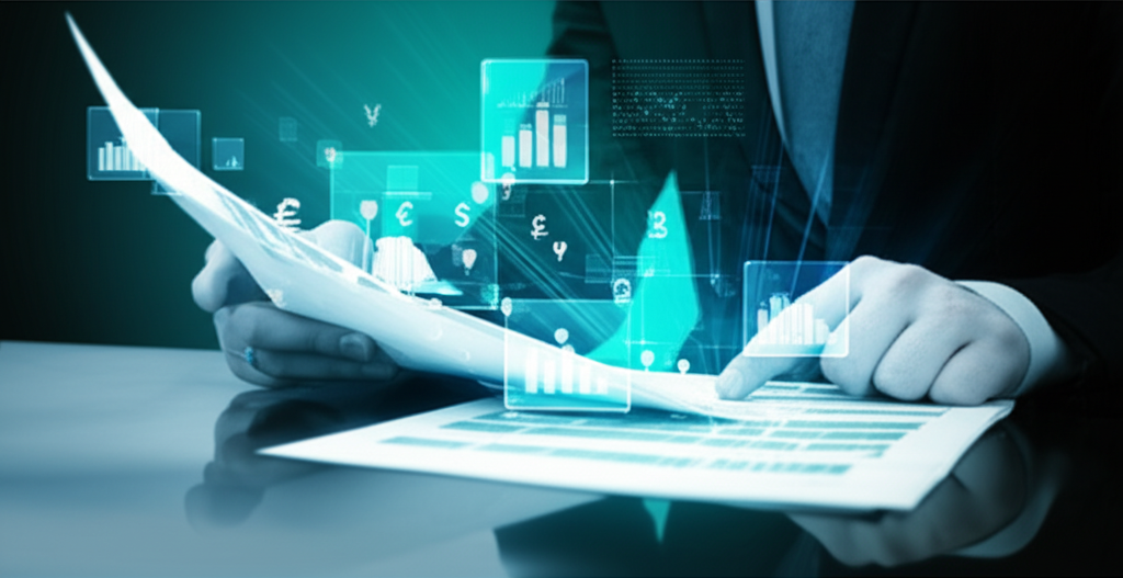 Profissional de negócios lendo rapidamente um relatório financeiro, com ícones de gráficos e moedas flutuando ao redor.