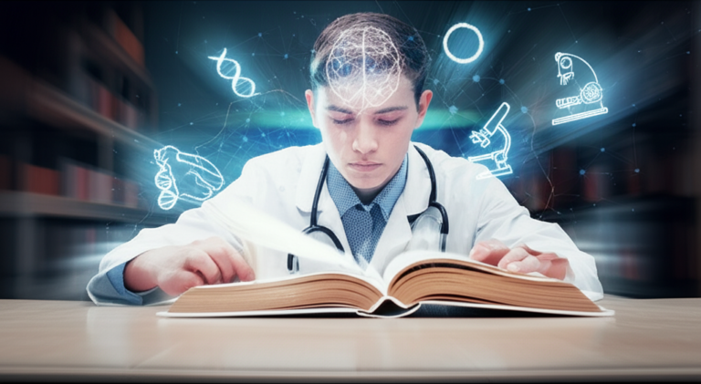 Estudante de medicina lendo rapidamente um livro de anatomia, cercado por ícones de DNA, coração e estetoscópio que simbolizam leitura dinâmica.