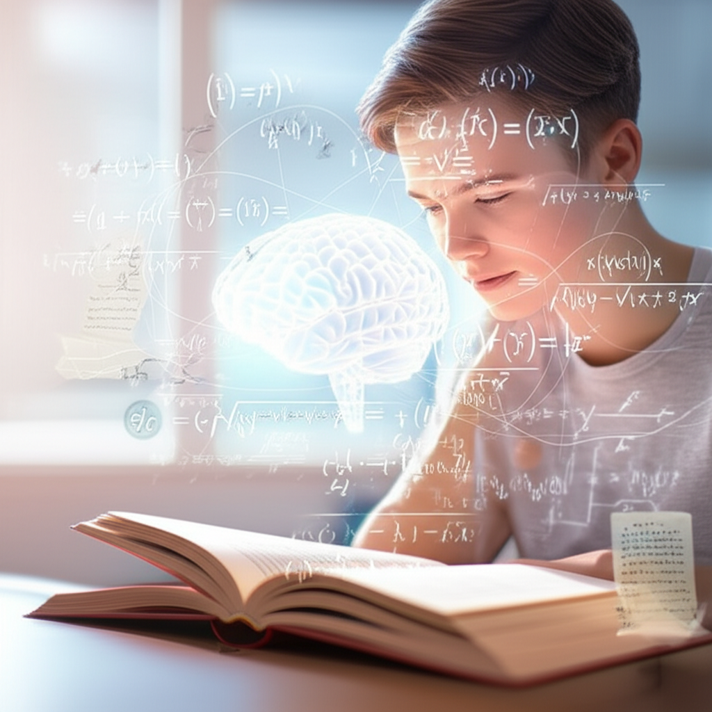 Ilustração de uma pessoa praticando metaleitura, com fórmulas matemáticas flutuando ao redor, simbolizando a retenção de conteúdo.