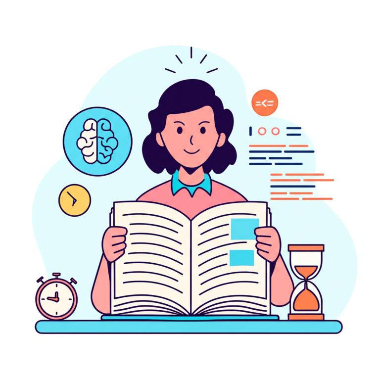 Pessoa lendo rapidamente um livro de psicologia com ícones de cérebro, linhas de velocidade e relógio de areia.