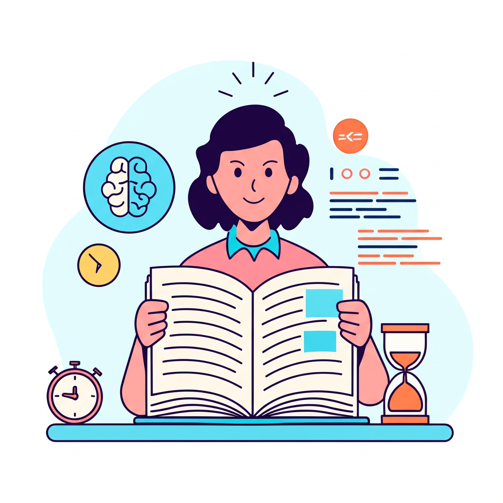 Pessoa lendo rapidamente um livro de psicologia com ícones de cérebro, linhas de velocidade e relógio de areia.