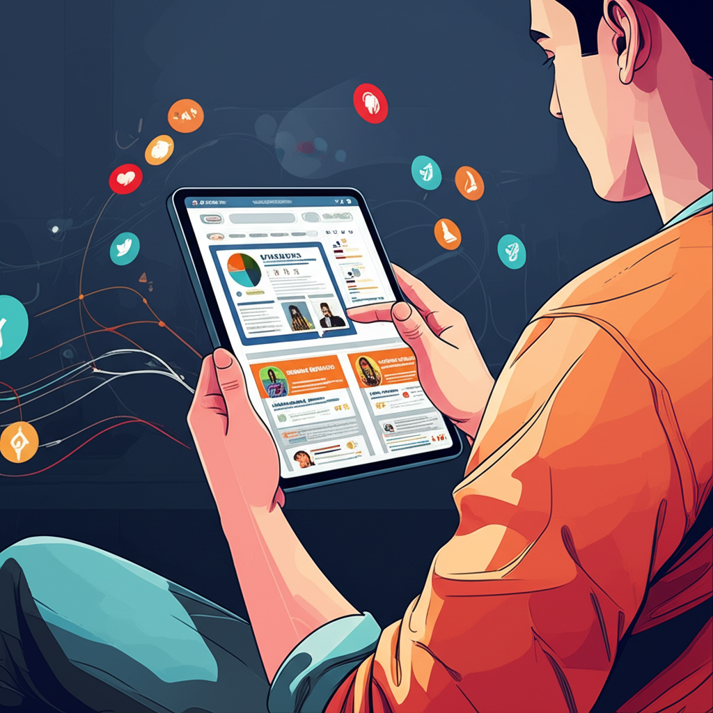 Profissional de marketing digital lendo rapidamente um tablet com textos de marketing digital