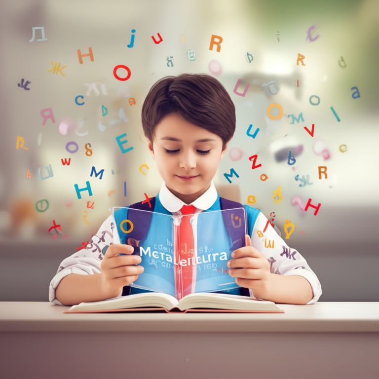 Illustration of a learner practicing meta‑reading with floating letters from multiple languages.