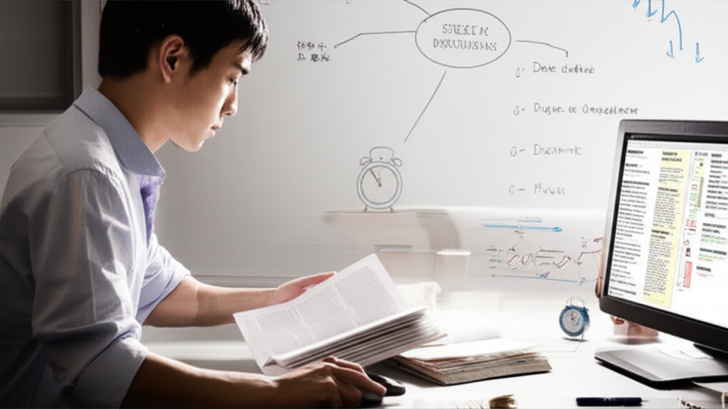 Profissional lendo rapidamente livros e documentos para preparar uma palestra