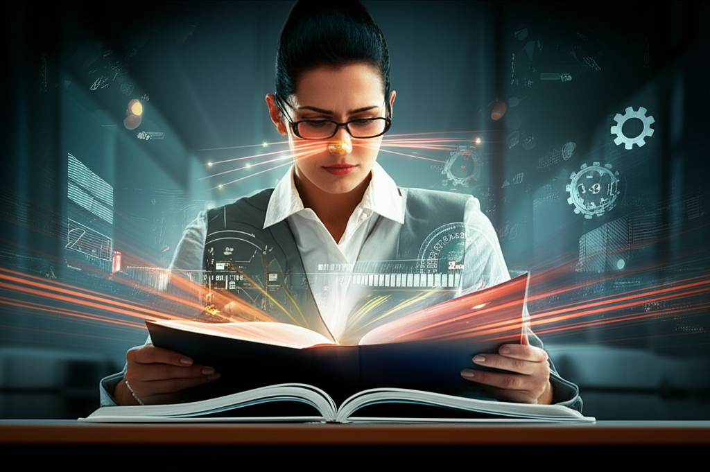 Pessoa concentrada lendo um manual técnico usando técnicas de leitura dinâmica, com efeitos visuais que sugerem velocidade e alta retenção de informação.