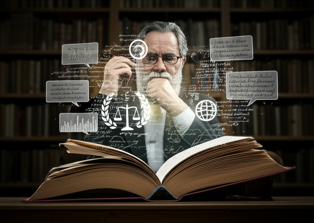 Scholar reading a political philosophy book with floating meta‑reading annotations and political symbols.