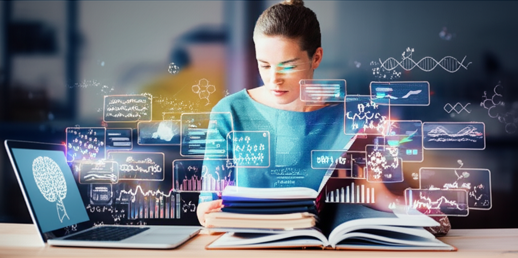 Pessoa lendo rapidamente artigos científicos com linhas de movimento e visualizações de dados ao redor.