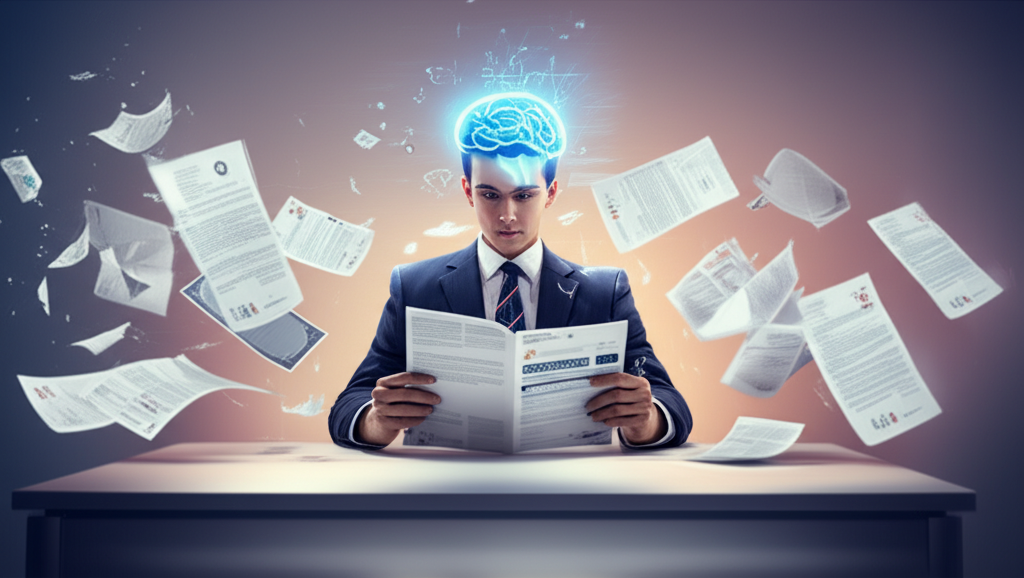 Estudante concentrado lendo rapidamente enquanto papéis e certificados giram ao redor, simbolizando leitura acelerada em provas de certificação.