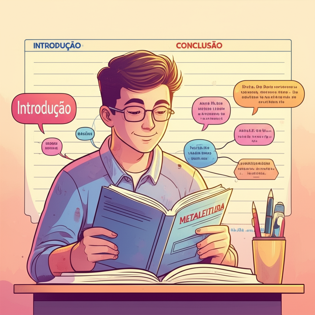 Estudante usando a técnica de metaleitura para organizar ideias de uma redação, com palavras‑chave e mapas mentais flutuando ao redor.