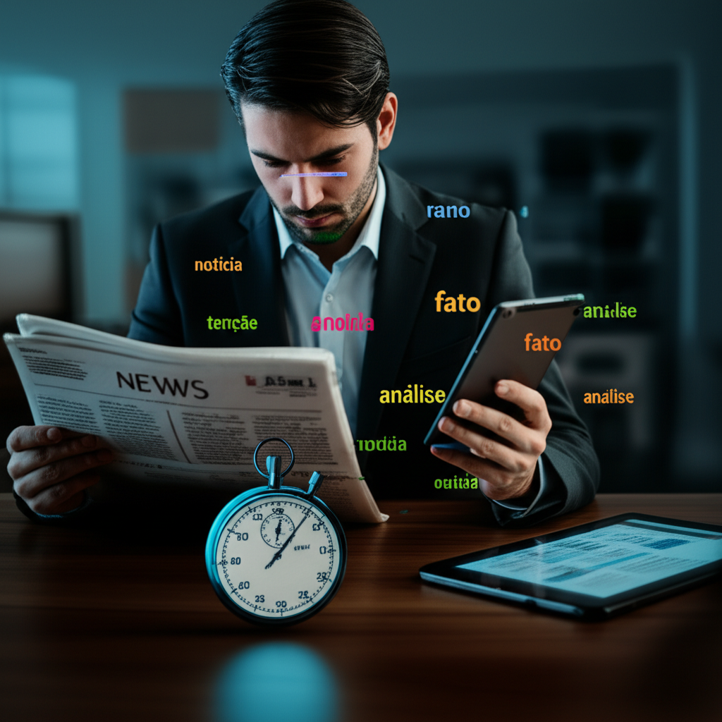 Pessoa lendo jornal e tablet rapidamente, com linhas de velocidade ao redor.