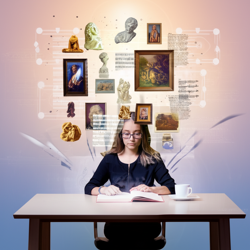 Pessoa praticando leitura dinâmica enquanto analisa textos de arte e cultura em um ambiente digital vibrante