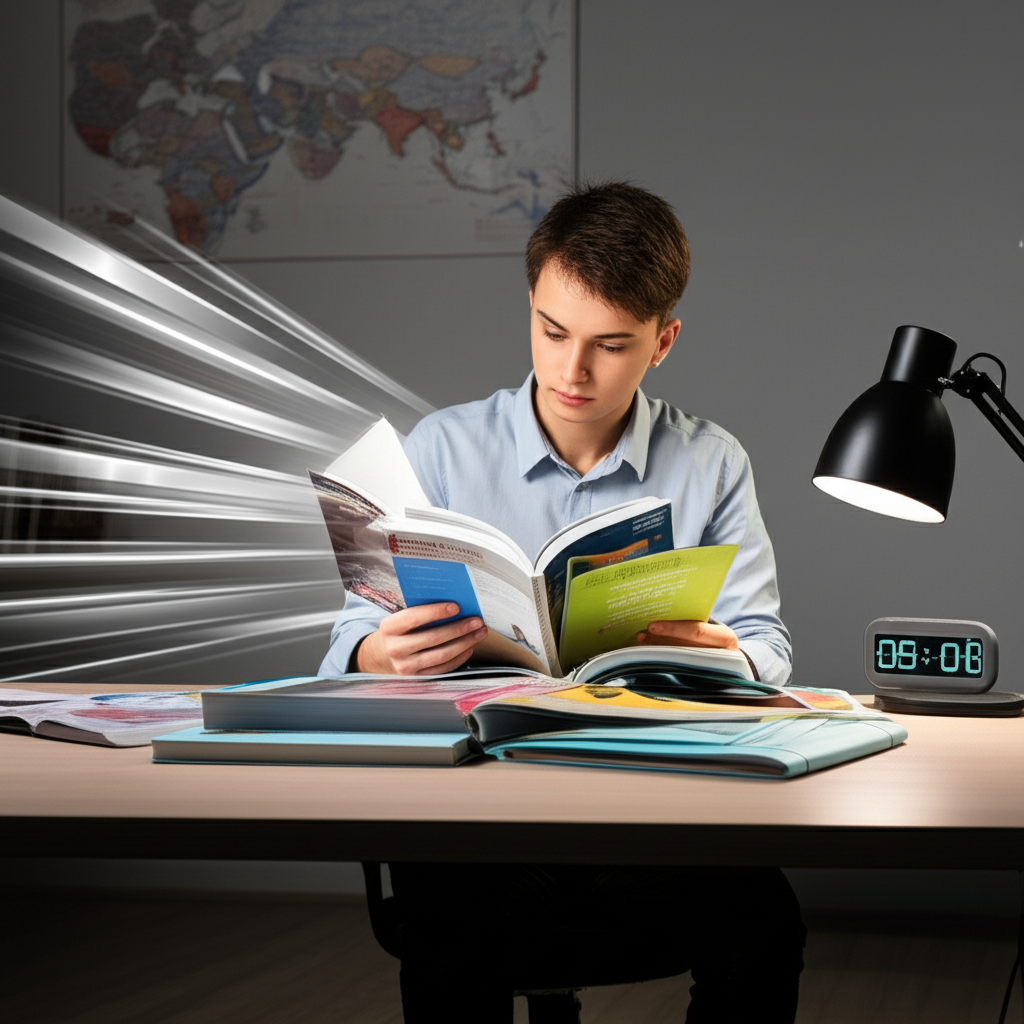 Pessoa lendo rapidamente vários livros de certificação internacional em um ambiente de estudo moderno