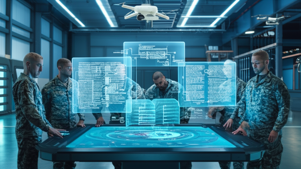 Soldados em treinamento militar usando hologramas de livros interativos que demonstram metaleitura.