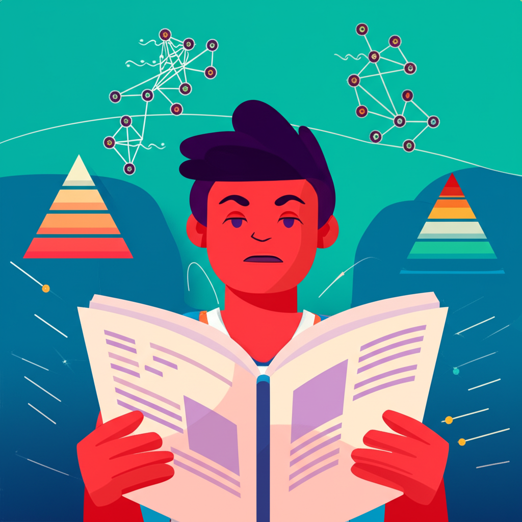 Estudante lendo rapidamente um livro de sociologia com ícones de teorias sociais ao fundo